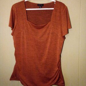 AB Studio Blouse Women XL Short Sleeve Square Neck Lined Side Gathers Brown